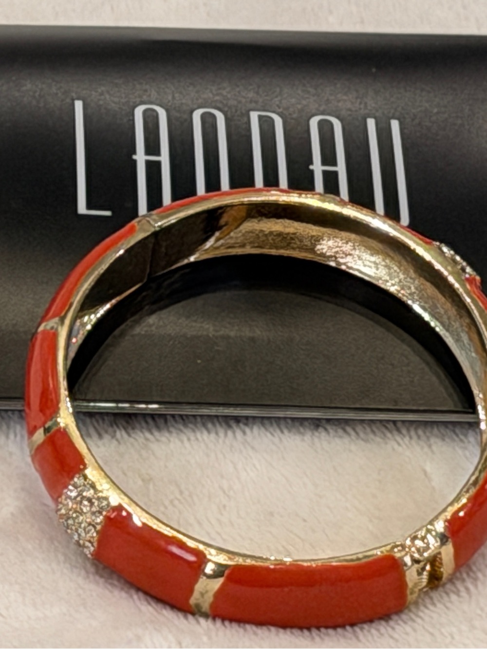 Landau Red Enamel Gold Tone Rhinestone Hinged Bangle Bracelet NWT